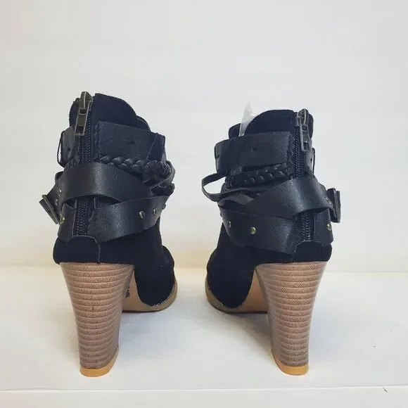 Heli Black Buckle-Strap Bootie Women's Faux Leather Block Heel US 8 - Picture 4 of 6